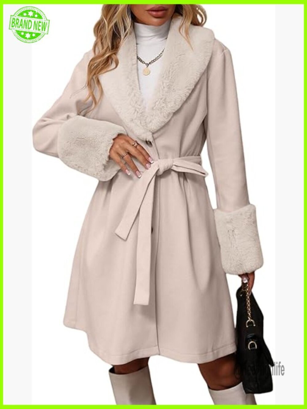 Wool Blend Pea Coat Faux Fur Lapel Belted Mid Long Trench Overcoat